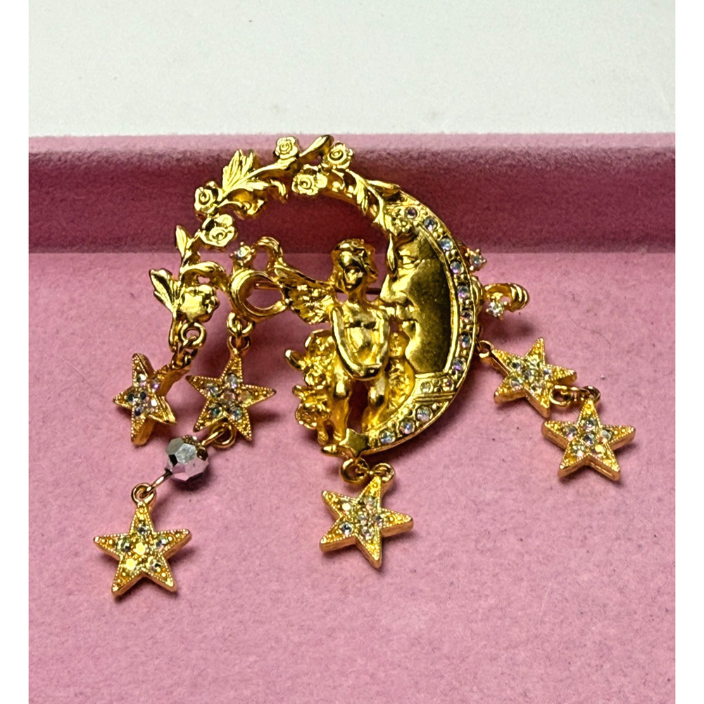 Kirks Folly Celestial Brooch Cherub Angel Crescent Moon Star AB Dangles Pin Gold - Picture 2 of 6